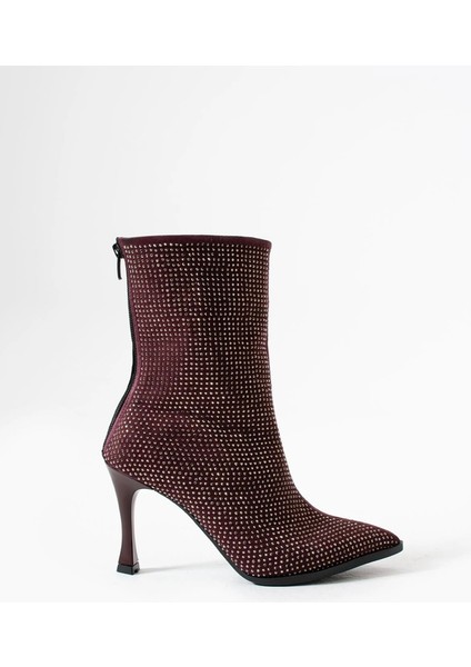 Bordo Taşlı Sivri Burunlu Ince Topuklu Bot