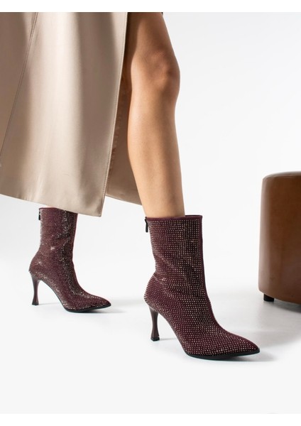 Bordo Taşlı Sivri Burunlu Ince Topuklu Bot fiyatları