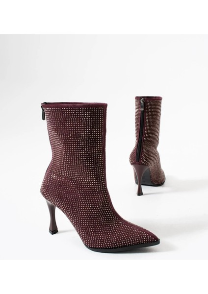 Bordo Taşlı Sivri Burunlu Ince Topuklu Bot modelleri