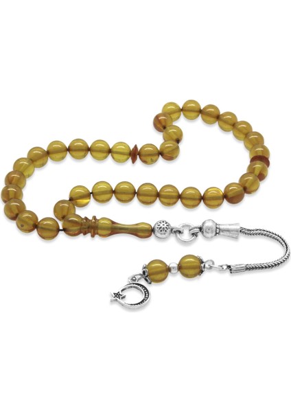 925 Ayar Gümüş Püsküllü Küre Kesim Bilek Boy Sarı Ateş Kehribar Tesbih