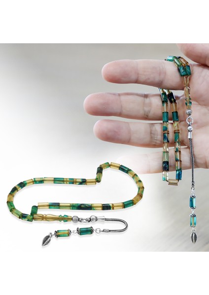 Ateş Kehribar Tesbih - 925 Ayar Gümüş Püsküllü - Mini Boy - Mavi Beyaz - Kesme Kesim fiyatları