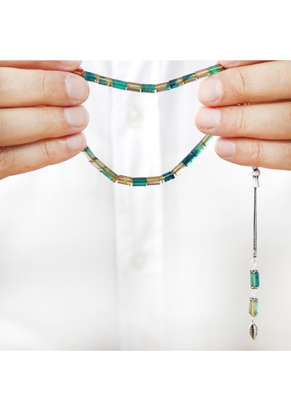 Ateş Kehribar Tesbih - 925 Ayar Gümüş Püsküllü - Mini Boy - Mavi Beyaz - Kesme Kesim fırsatları