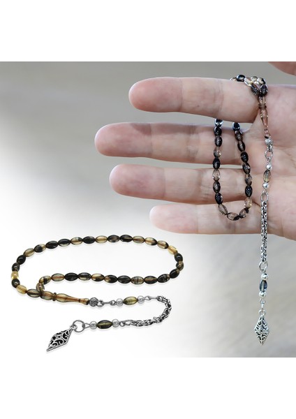 Ateş Kehribar Tesbih - Kararmaz Metal Arnavut Püsküllü - Mini Boy - Siyah Beyaz Renk - Arpa Kesim fiyatları