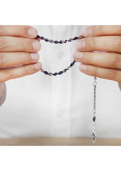 Ateş Kehribar Tesbih - Kararmaz Metal Arnavut Püsküllü - Mini Boy - Siyah Beyaz Renk - Arpa Kesim modelleri