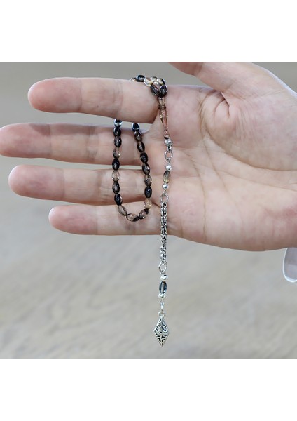Ateş Kehribar Tesbih - Kararmaz Metal Arnavut Püsküllü - Mini Boy - Siyah Beyaz Renk - Arpa Kesim fırsatları