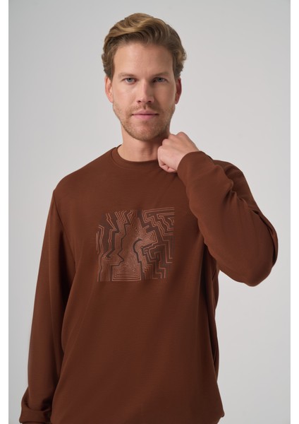 Erkek Kiremit Trend Baskılı Bisiklet Yaka Sweatshirt fiyatları