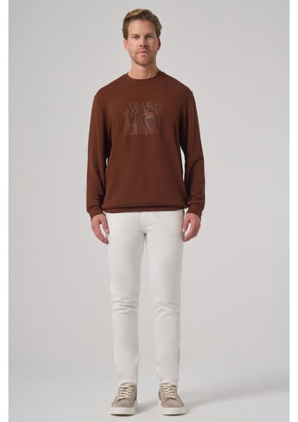 Erkek Kiremit Trend Baskılı Bisiklet Yaka Sweatshirt fırsatları