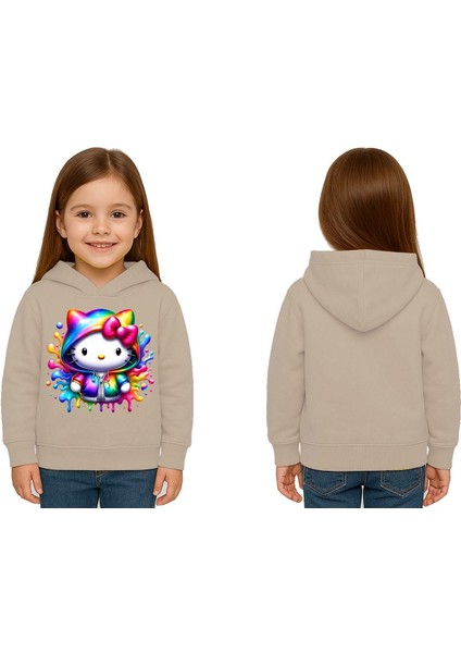 Unisex Hello Kity Baskılı Çocuk Swaetshirt Baskılı Kapüşonlu 3 Iplik Şardonlu