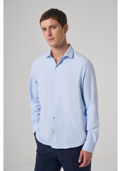 Erkek A. Mavi Polyester Trend Desenli Dynamic Fit Italyan Yaka Gömlek