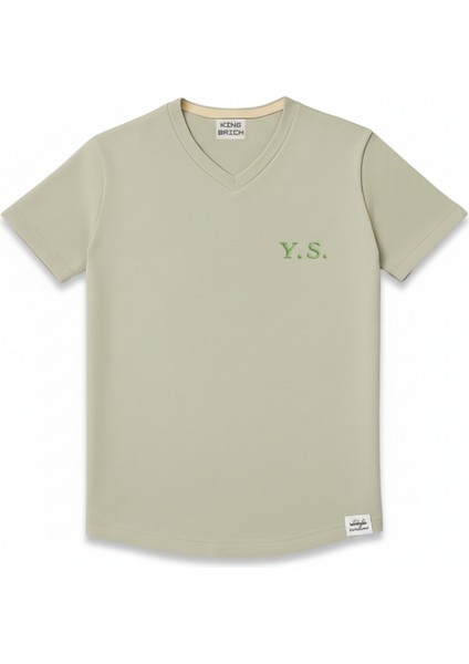 Kişiye Özel Nakışlı Yakası Biyeli Kısa Kollu V Yaka Premium Soft Yeşil Tişört L