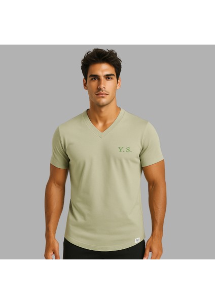 Kişiye Özel Nakışlı Yakası Biyeli Kısa Kollu V Yaka Premium Soft Yeşil Tişört L fiyatları