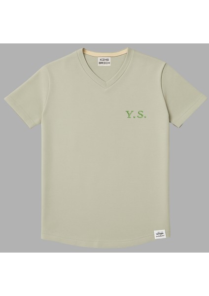 Kişiye Özel Nakışlı Yakası Biyeli Kısa Kollu V Yaka Premium Soft Yeşil Tişört L modelleri
