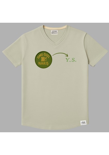 Kişiye Özel Nakışlı Yakası Biyeli Kısa Kollu V Yaka Premium Soft Yeşil Tişört L fırsatları