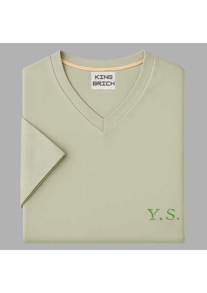 Kişiye Özel Nakışlı Yakası Biyeli Kısa Kollu V Yaka Premium Soft Yeşil Tişört L indirimleri
