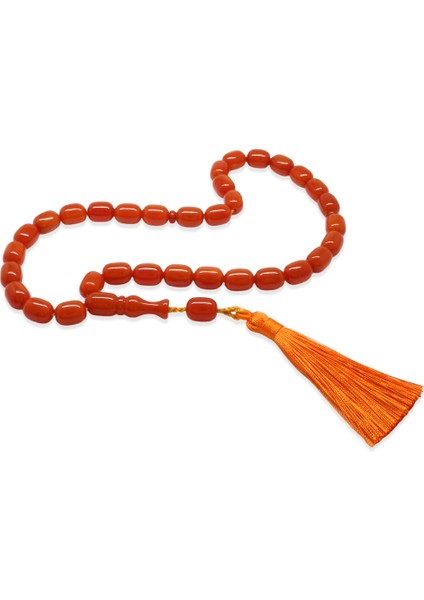 Osmanlı Saray Püsküllü Turuncu Çubuk Sıkma Kehribar Tesbih Maxi Boy Kapsül Kesim