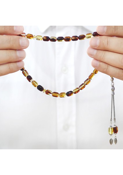 Fosilli Beyrut Kehribar Tesbih - 925 Ayar Gümüş Püsküllü - Sarı Siyah - Kapsül Kesim fırsatları