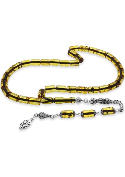 925 Ayar Gümüş Kral Püsküllü Kesme Kesim Hafif Fosilli Ihlamur Sarı Doğal Damla Kehribar Tesbih