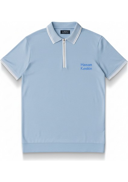 Kişiye Özel Nakışlı Kısa Kollu Ribana Yaka Likralı Premium Mavi Tişört M