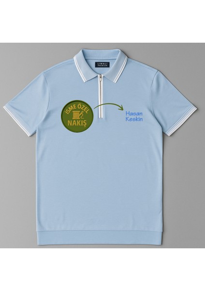 Kişiye Özel Nakışlı Kısa Kollu Ribana Yaka Likralı Premium Mavi Tişört M fırsatları