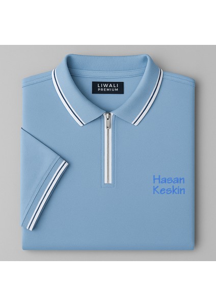 Kişiye Özel Nakışlı Kısa Kollu Ribana Yaka Likralı Premium Mavi Tişört M indirimleri