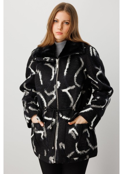 Kadın Büyük Beden Kapak Cepli Desenli Kaban 6301 Siyah modelleri