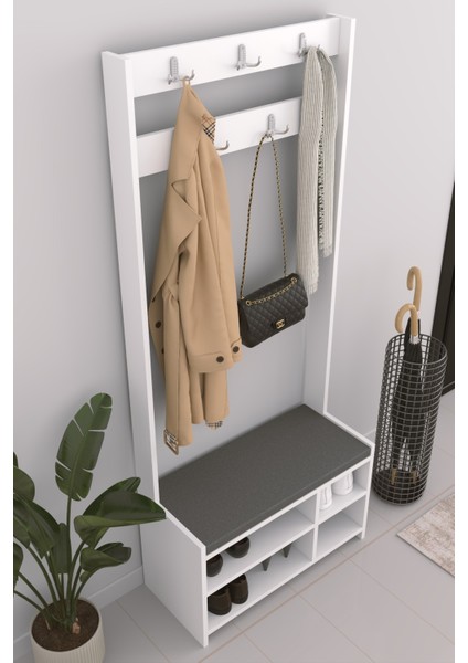 Oturmalı Ayakkabılık ve Askılık Beyaz Suntalam Vestiyer-Dar Alanlar Için 4 Bölmeli Modern Portmanto