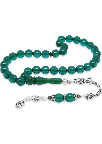 925 Ayar Gümüş Püsküllü Küre Kesim Turkuaz Ateş Kehribar Tesbih