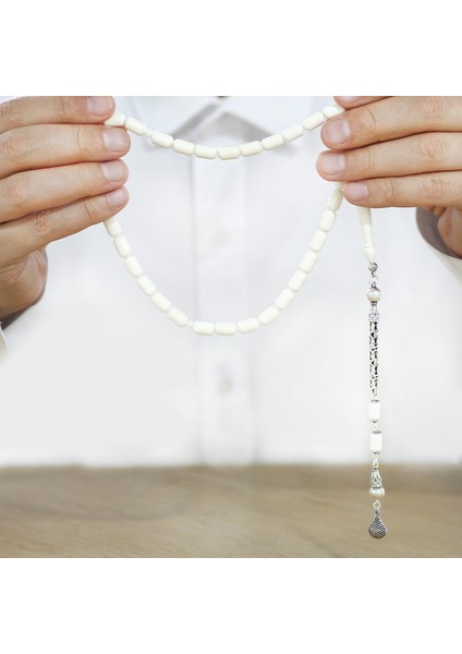 925 Ayar Gümüş Kral Zincir Püsküllü Uçlu Kapsül Kesim Beyaz Renk Deve Kemiği Tesbih modelleri