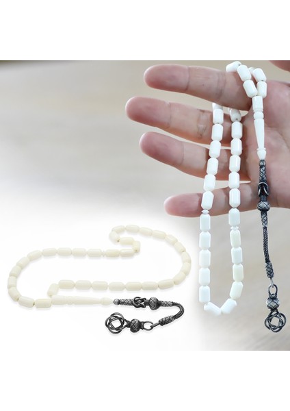 1000 Ayar Gümüş Kazaz Püsküllü Uçlu Kapsül Kesim Beyaz Renk Deve Kemiği Tesbih fiyatları