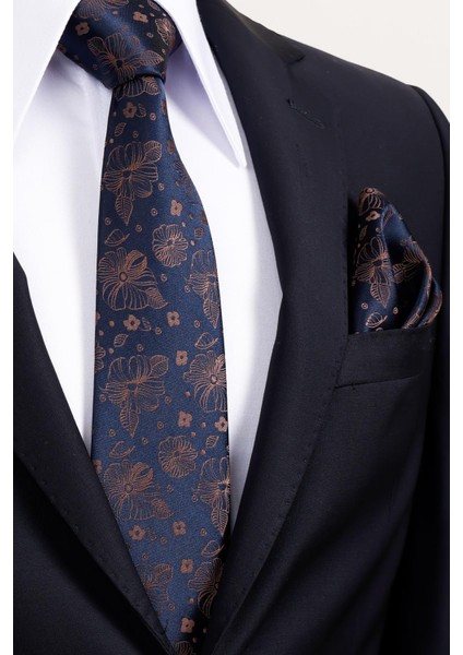 8 cm Klasik Geniş Hand Made Lacivert - Kahverengi Çiçek Desen Mendilli Kravat