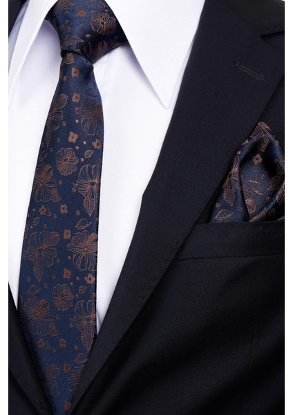 8 cm Klasik Geniş Hand Made Lacivert - Kahverengi Çiçek Desen Mendilli Kravat modelleri