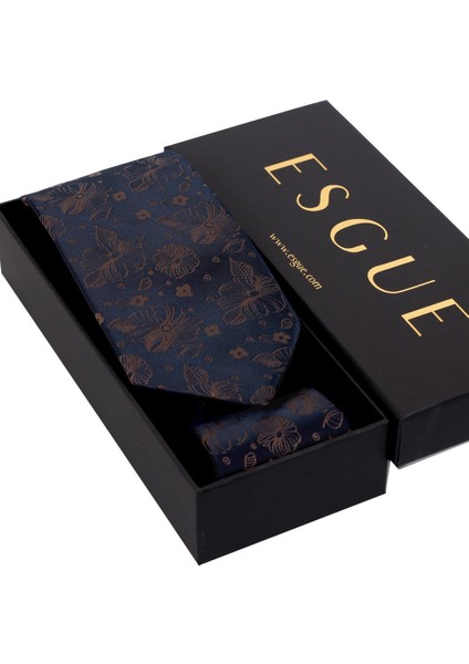 8 cm Klasik Geniş Hand Made Lacivert - Kahverengi Çiçek Desen Mendilli Kravat fırsatları