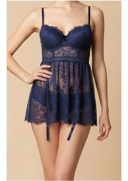 Bicomi Mavi Dantel Işlemeli Jartiyerli Gecelik Takımı