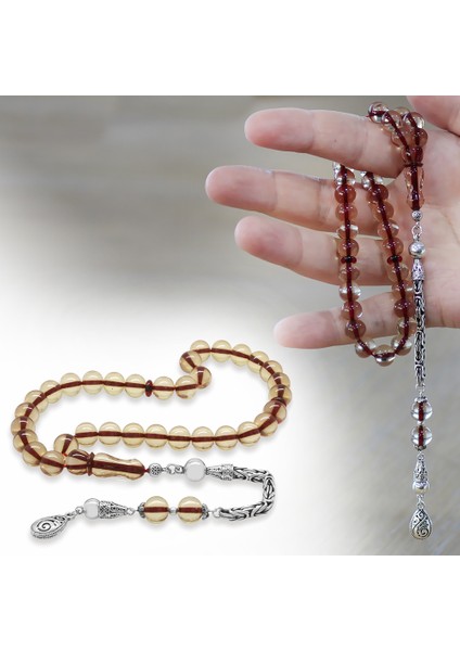 925 Ayar Gümüş Kral Zincir Püsküllü Küre Kesim Kırmızı Imame Kombinli Şeffaf Ateş Kehribar Tesbih fiyatları