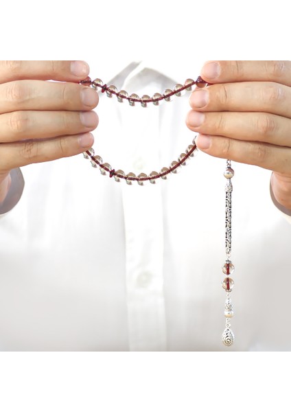 925 Ayar Gümüş Kral Zincir Püsküllü Küre Kesim Kırmızı Imame Kombinli Şeffaf Ateş Kehribar Tesbih fırsatları