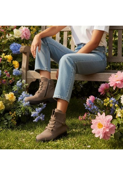 Bej Süet Hakiki Deri Biye Atkılı Kadın Fermuarlı Bot fiyatları