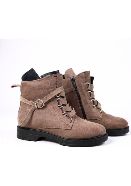 Bej Süet Hakiki Deri Biye Atkılı Kadın Fermuarlı Bot modelleri
