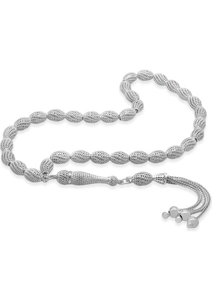 3 Lü Kamçı Püsküllü Çeşmi Bülbül Tasarım Arpa Kesim Gümüş Renk 925 Ayar Gümüş Tesbih