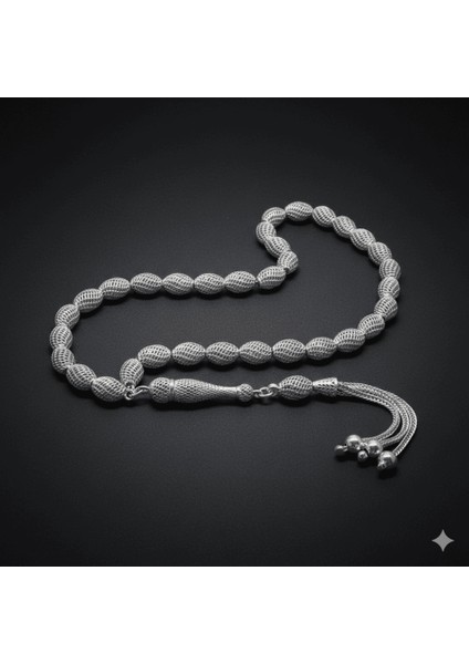 3 Lü Kamçı Püsküllü Çeşmi Bülbül Tasarım Arpa Kesim Gümüş Renk 925 Ayar Gümüş Tesbih modelleri