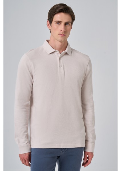Erkek Gri Pamuk Trend Ağaç Kabuğu Desen Dinamik Fit Polo Yaka Sweat-Shirt