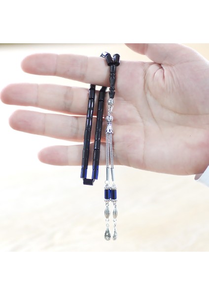 Sıkma Kehribar Tesbih - Kararmaz Metal Damla Püsküllü - Lacivert Siyah - Mini Boy - Kesme Kesim modelleri
