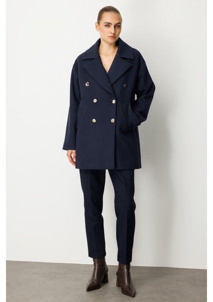 Kadın Kruvaze Yaka Yan Cepli Kaban 6093 Lacivert