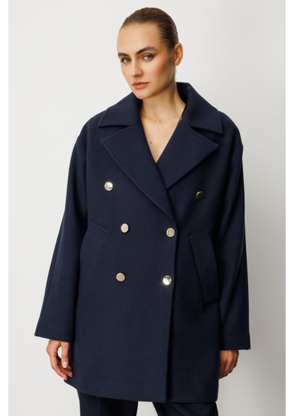 Kadın Kruvaze Yaka Yan Cepli Kaban 6093 Lacivert fiyatları