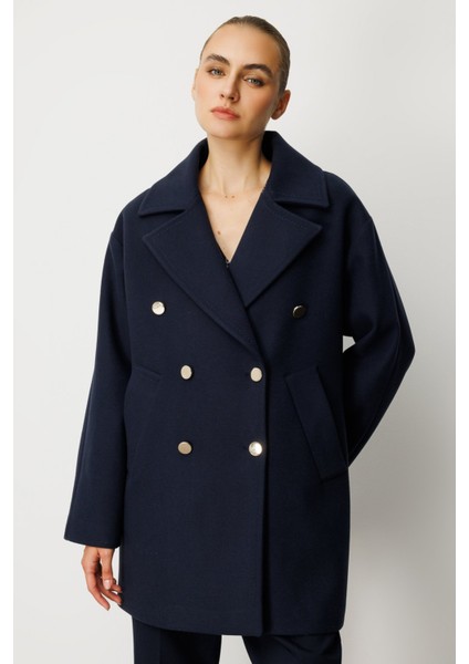 Kadın Kruvaze Yaka Yan Cepli Kaban 6093 Lacivert modelleri