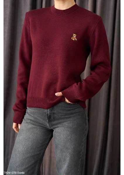 Işlemeli Teddy Ayıcık Detaylı Kadın Yuvarlak Yaka Örgü Kazak