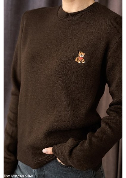 Işlemeli Teddy Ayıcık Detaylı Kadın Yuvarlak Yaka Örgü Kazak