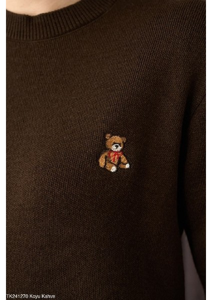 Işlemeli Teddy Ayıcık Detaylı Kadın Yuvarlak Yaka Örgü Kazak modelleri