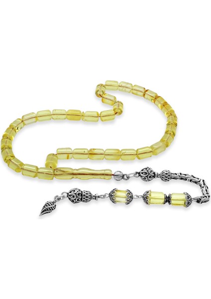 925 Ayar Gümüş Kral Zincir Püsküllü Tombul Kapsül Kesim Soft Sarı Doğal Damla Kehribar Tesbih