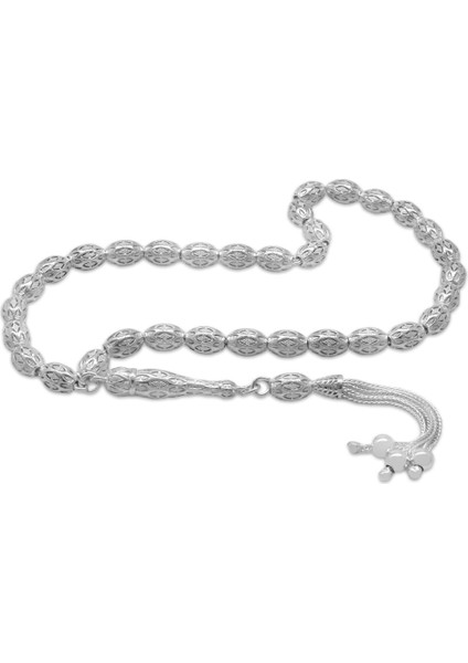 3 Lü Kamçı Püsküllü Petek Tasarım Arpa Kesim Gümüş Renk 925 Ayar Gümüş Tesbih