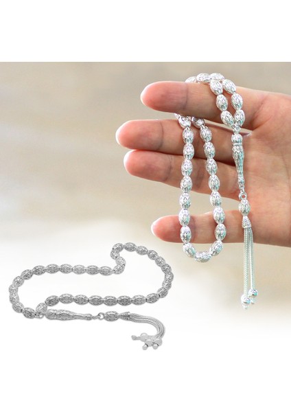 3 Lü Kamçı Püsküllü Petek Tasarım Arpa Kesim Gümüş Renk 925 Ayar Gümüş Tesbih fiyatları